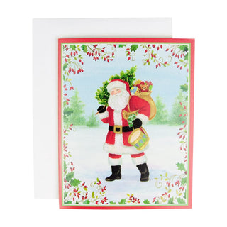 Caspari Santa With Botanical Border A-Size Boxed Christmas Cards - 15 Cards And Envelopes 104011