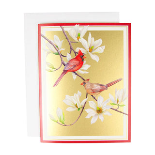 Caspari Cardinals And Magnolia C-Size Boxed Christmas Cards - 15 Cards And Envelopes 104213