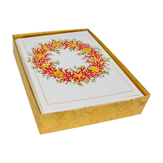 Caspari Coral And Shell Wreath Foil Classic Embossed Boxed Christmas Cards - includes 10 cards & envelopes 104222