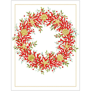 Caspari Coral And Shell Wreath Foil Classic Embossed Boxed Christmas Cards - includes 10 cards & envelopes 104222