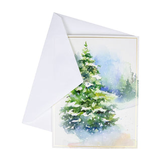 Caspari Evergreens In Snowy Field D-Size Boxed Christmas Cards - 15 Cards And Envelopes 104302