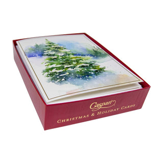 Caspari Evergreens In Snowy Field D-Size Boxed Christmas Cards - 15 Cards And Envelopes 104302