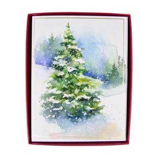 Caspari Evergreens In Snowy Field D-Size Boxed Christmas Cards - 15 Cards And Envelopes 104302