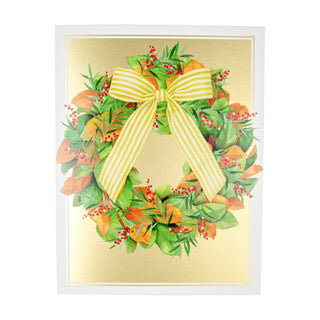 Personalization by Caspari Magnolia Wreath With Striped Bow Large Personalized Christmas Cards 104306PG