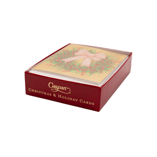Caspari Greenery And Berry Wreath With Bow Petite Boxed Christmas Cards - includes 15 cards & envelopes 105004