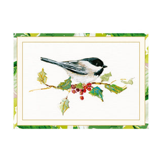 Caspari Chickadee And Holly Branch Small Boxed Christmas Cards - includes 15 cards & envelopes 105107