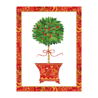 Caspari Holly Topiary In Red Pot Classic Boxed Christmas Cards - includes 15 cards & envelopes 105207