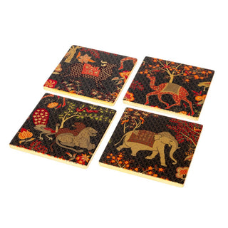 Caspari Le Jardin De Mysore Set Of 4 Lacquer Coaster - 4" Diameter 11930LQCSET