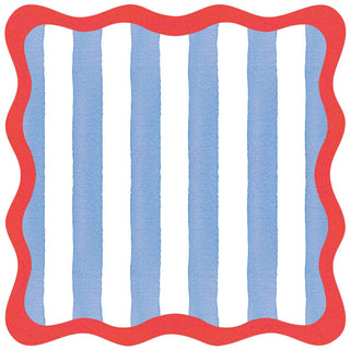 Caspari Cafe Stripe Scallop Blue/Red Paper Placemats Die-Cut - 12 per package 1402PPDC