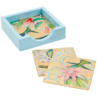 Caspari Hummingbird Trellis Gold Lacquer Coasters Set Of 4 15111LQCSET