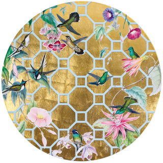Caspari Hummingbird Trellis Gold-Round Ttop Placemat Lacquer-Round 15 Inch 15111LQPMRND