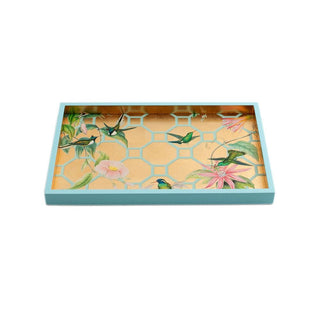 Caspari Hummingbird Trellis Gold Lacquer Sm Rect Tray-8 7/8 X 13 3/4 15111LQSMREC