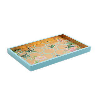 Caspari Hummingbird Trellis Gold Lacquer Sm Rect Tray-8 7/8 X 13 3/4 15111LQSMREC