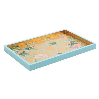 Caspari Hummingbird Trellis Gold Lacquer Sm Rect Tray-8 7/8 X 13 3/4 15111LQSMREC