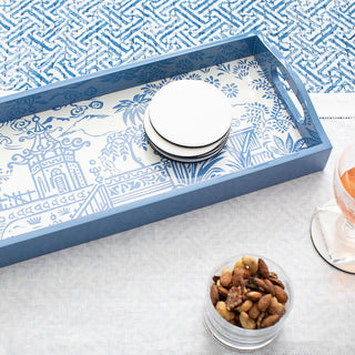 Caspari Pagoda Toile Blue Lacquer Bar Tray-20X8 15340LQBAR