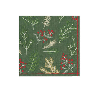 Caspari Sprigs And Berries Evergreen Napkin Cocktail 16691C