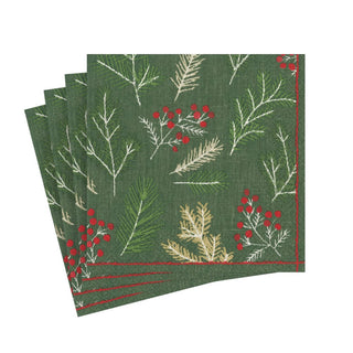 Caspari Sprigs And Berries Evergreen Napkin Cocktail 16691C