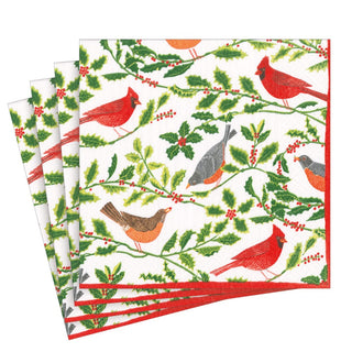 Caspari Songbirds And Holly White Napkin Luncheon 17160L