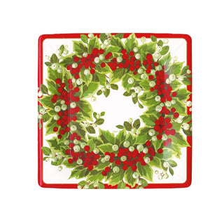Caspari Holly And Berry Wreath  Sq Salad/Dessert Plates Square 17191SP