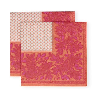 Caspari Oak Leaves & Acorns Paper Linen Cocktail Napkins in Orange & Fuchsia - 15 Per Package 17290CG