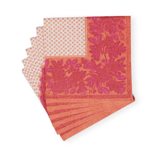 Caspari Oak Leaves & Acorns Paper Linen Cocktail Napkins in Orange & Fuchsia - 15 Per Package 17290CG