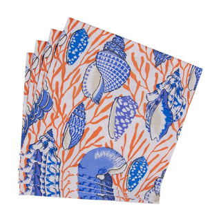 Caspari Shell Toile-Coral/Blue Napkin Cocktail 17340C