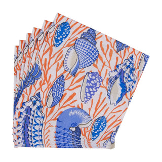 Caspari Shell Toile-Coral/Blue Napkin Cocktail 17340C