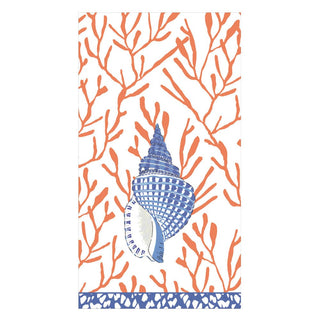 Caspari Shell Toile-Coral/Blue Guest Towel 17340G