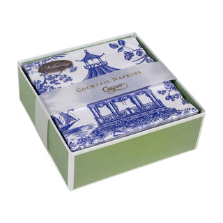 Caspari Chinoiserie Toile Pagoda Boxed Cocktail Napkins in Blue - 40 Per Box 17510B