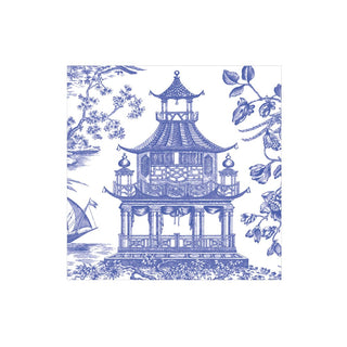Caspari Chinoiserie Toile Pagoda Blue Napkin Cocktail 17510C