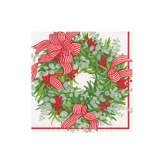 Caspari Ribbon Stripe Wreath Boxed Cocktail Napkins - 40 Per Box 17540B