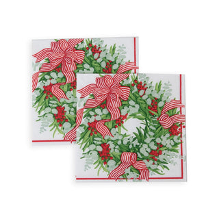 Caspari Ribbon Stripe Wreath Cocktail Napkins - 20 Per Package 17540C