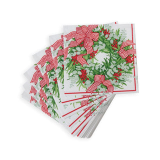 Caspari Ribbon Stripe Wreath Cocktail Napkins - 20 Per Package 17540C