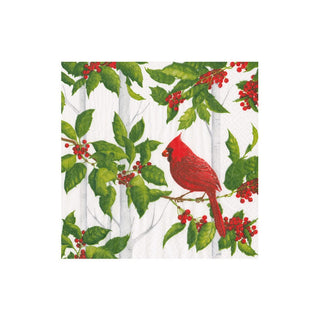 Caspari Holly And Songbirds White & Silver Cocktail Napkins - 20 Per Package 17550C