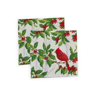 Caspari Holly And Songbirds White & Silver Cocktail Napkins - 20 Per Package 17550C