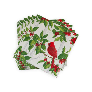 Caspari Holly And Songbirds White & Silver Cocktail Napkins - 20 Per Package 17550C