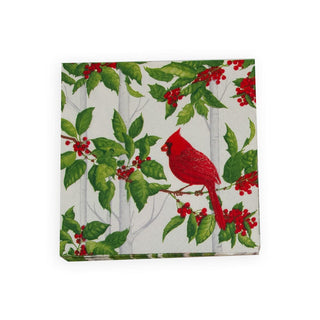 Caspari Holly And Songbirds White & Silver Cocktail Napkins - 20 Per Package 17550C