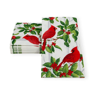 Caspari Holly And Songbirds White & Silver Guest Towel Napkins - 15 Per Package 17550G
