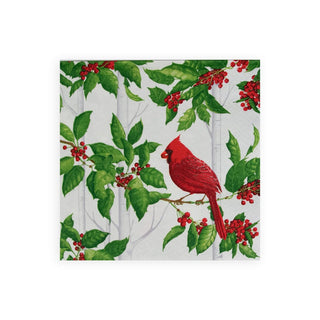 Caspari Holly And Songbirds White & Silver Luncheon Napkins - 20 Per Package 17550L