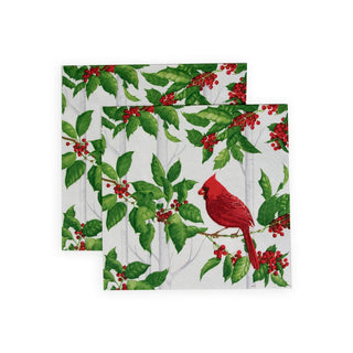 Caspari Holly And Songbirds White & Silver Luncheon Napkins - 20 Per Package 17550L