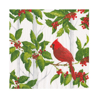 Caspari Holly And Songbirds White/Silver Napkin Luncheon 17550L