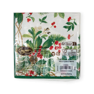Caspari Holly Chintz White Cocktail Napkins - 20 Per Package 17560C