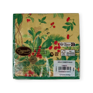 Caspari Holly Chintz Gold Cocktail Napkins - 20 Per Package 17561C