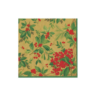Caspari Holly Chintz Gold Napkin Cocktail 17561C