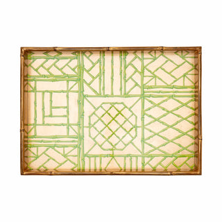 Caspari Bamboo Screen Moss Green Bamboo Edge Large Lacquer Rectangle Tray 17881LQLGBAM