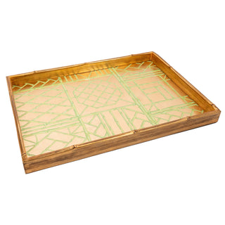 Caspari Bamboo Screen Moss Green Bamboo Edge Large Lacquer Rectangle Tray 17881LQLGBAM