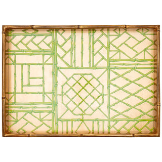 Caspari Bamboo Screen Moss Green Bamboo Edge Large Lacquer Rectangle Tray 17881LQLGBAM