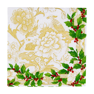 Caspari Holly Ceramic Ivory & Gold Cocktail Napkins - 20 Per Package 18090C