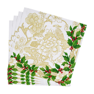 Caspari Holly Ceramic Ivory & Gold Dinner Napkins - 20 Per Package 18090D