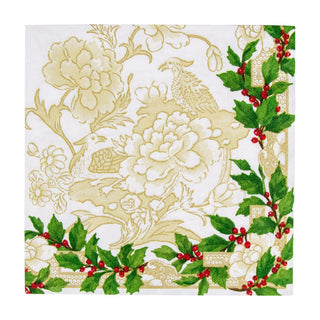 Caspari Holly Ceramic Ivory & Gold Dinner Napkins - 20 Per Package 18090D